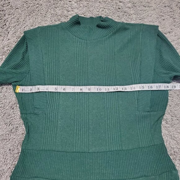 Maeve Strong Shoulder Ribbed Green Mock Neck Lined Preppy Sweater Mini Dress - M - Picture 6 of 10